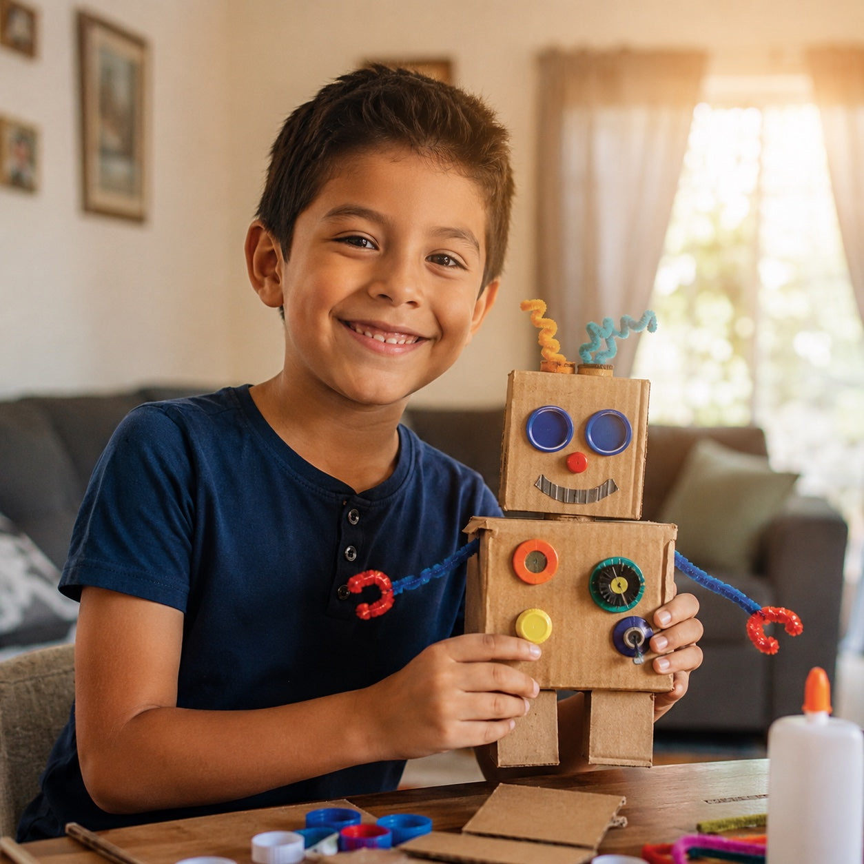 Niño mostrando un robot casero que construyó