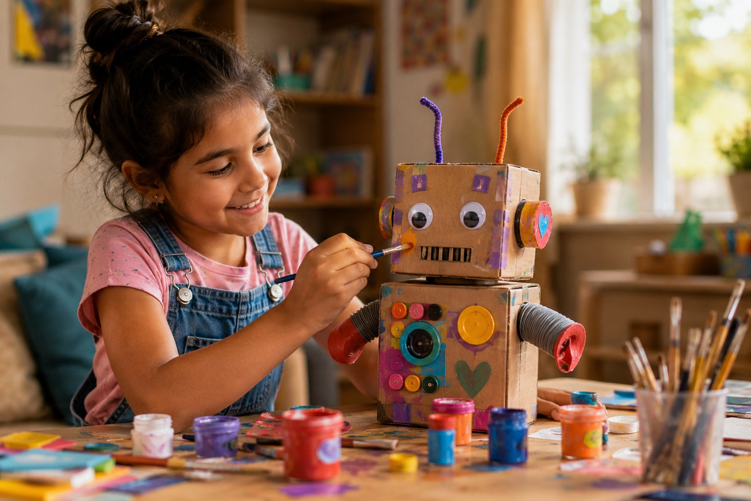 Niña personalizando una creación robótica